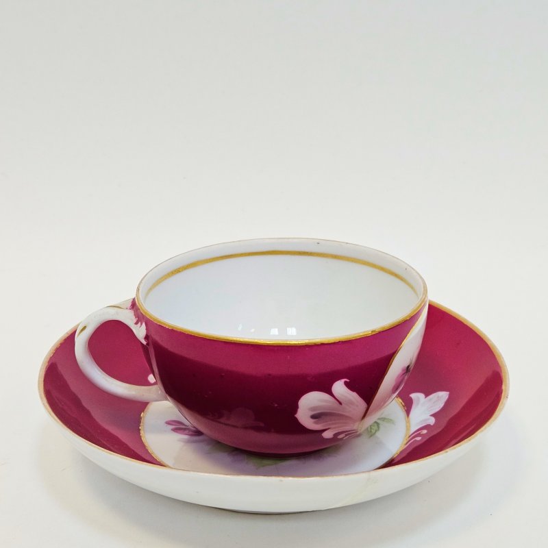 Чайная пара Гарднер бордовая с цветами