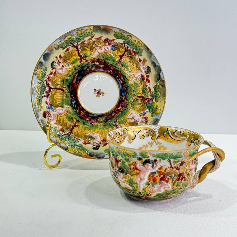 Большая чашка с блюдцем для чая в стиле Каподимонте (Д)