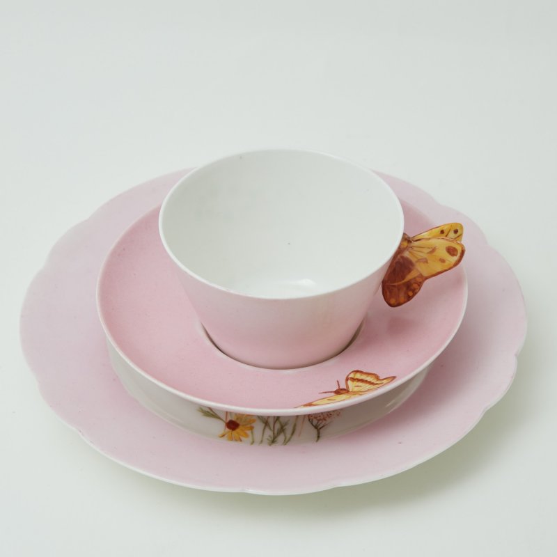 Чайное трио Haviland розовое с ручкой бабочкой