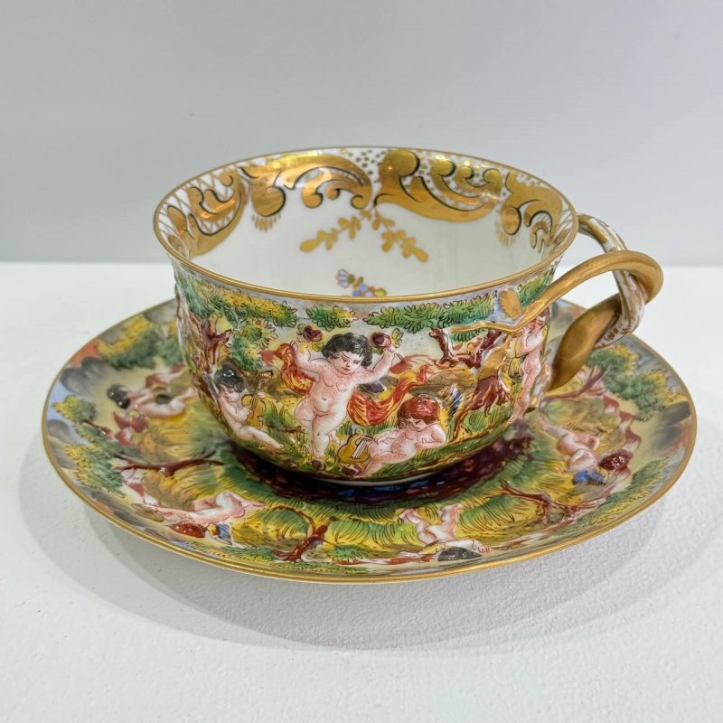 Большая чашка с блюдцем для чая в стиле Каподимонте (Д)