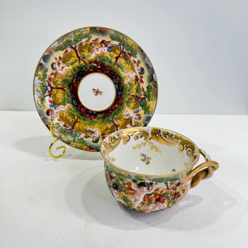 Большая чашка с блюдцем для чая в стиле Каподимонте (Д)