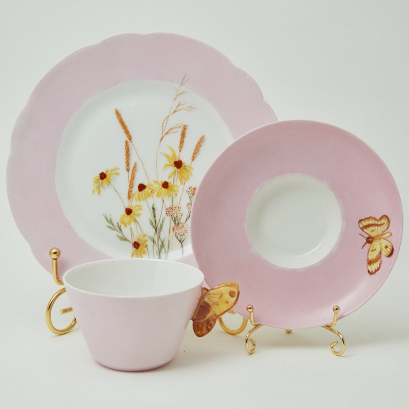 Чайное трио Haviland розовое с ручкой бабочкой